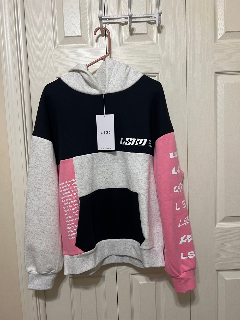 LSKD DECONSTRUCTED Fleece  Hoodie Sweater - Pink, Black & Light Gray